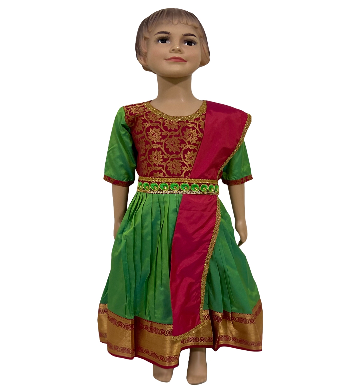 Kids Pattu Long Gown Green and Red