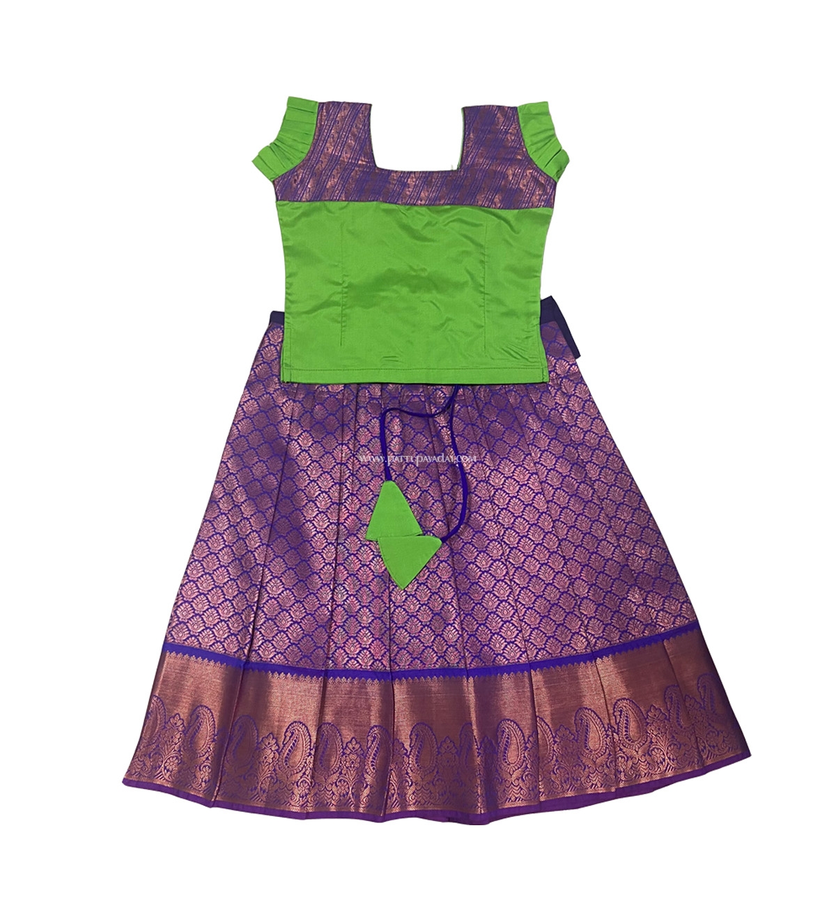 Kids Soft Silk Pavadai Parrot Green and Violet