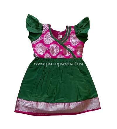 New Born Silk Frock Green and Pink
