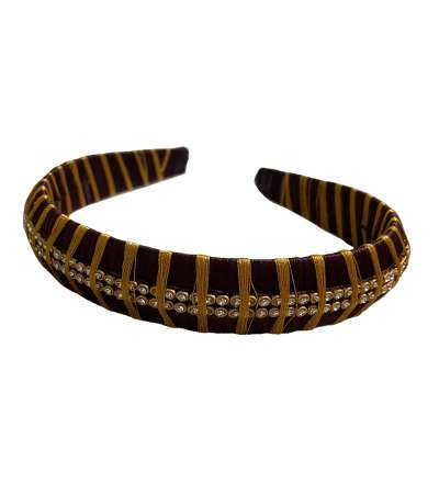 Silk Thread Headband 2line stones Brown
