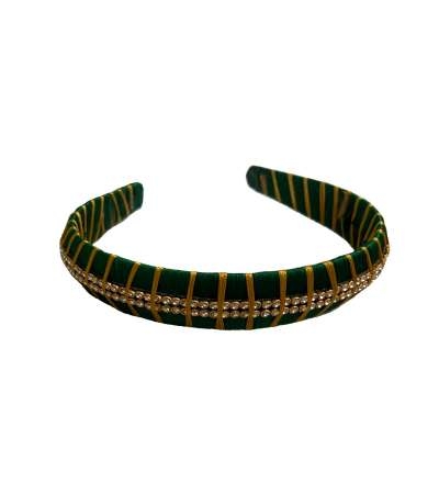 Silk Thread Headband 2line stones Dark Green