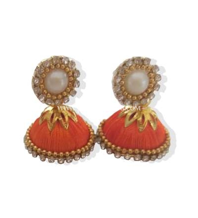 Buy Online Orange Silk Thread Jhumkas Embellished With Stones And Pearls