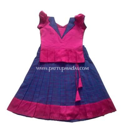 Traditional Cotton Pattu Pavadai Pink and Blue