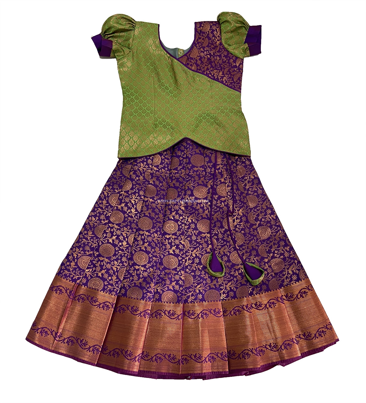 Art Silk Pavadai Parrot Green and Violet