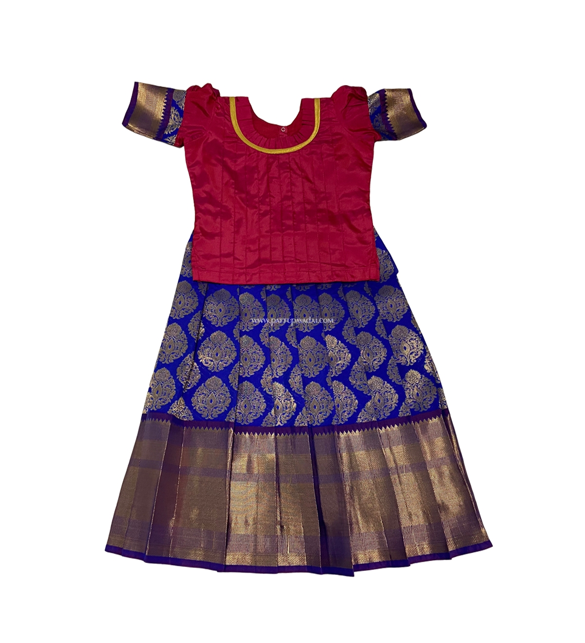 Deep Blue and Red Pure Silk Pavadai