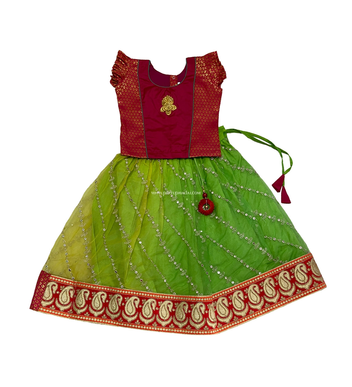 Green and Red Organza Fancy Langa