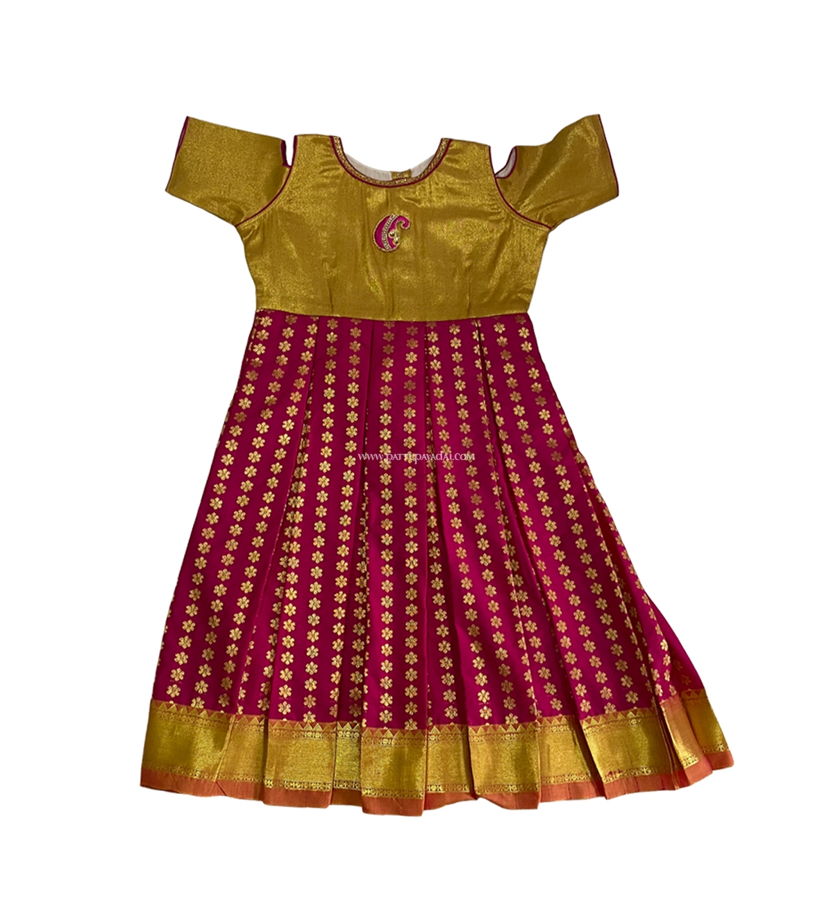 Kids Pattu Long Gown Pink and Golden