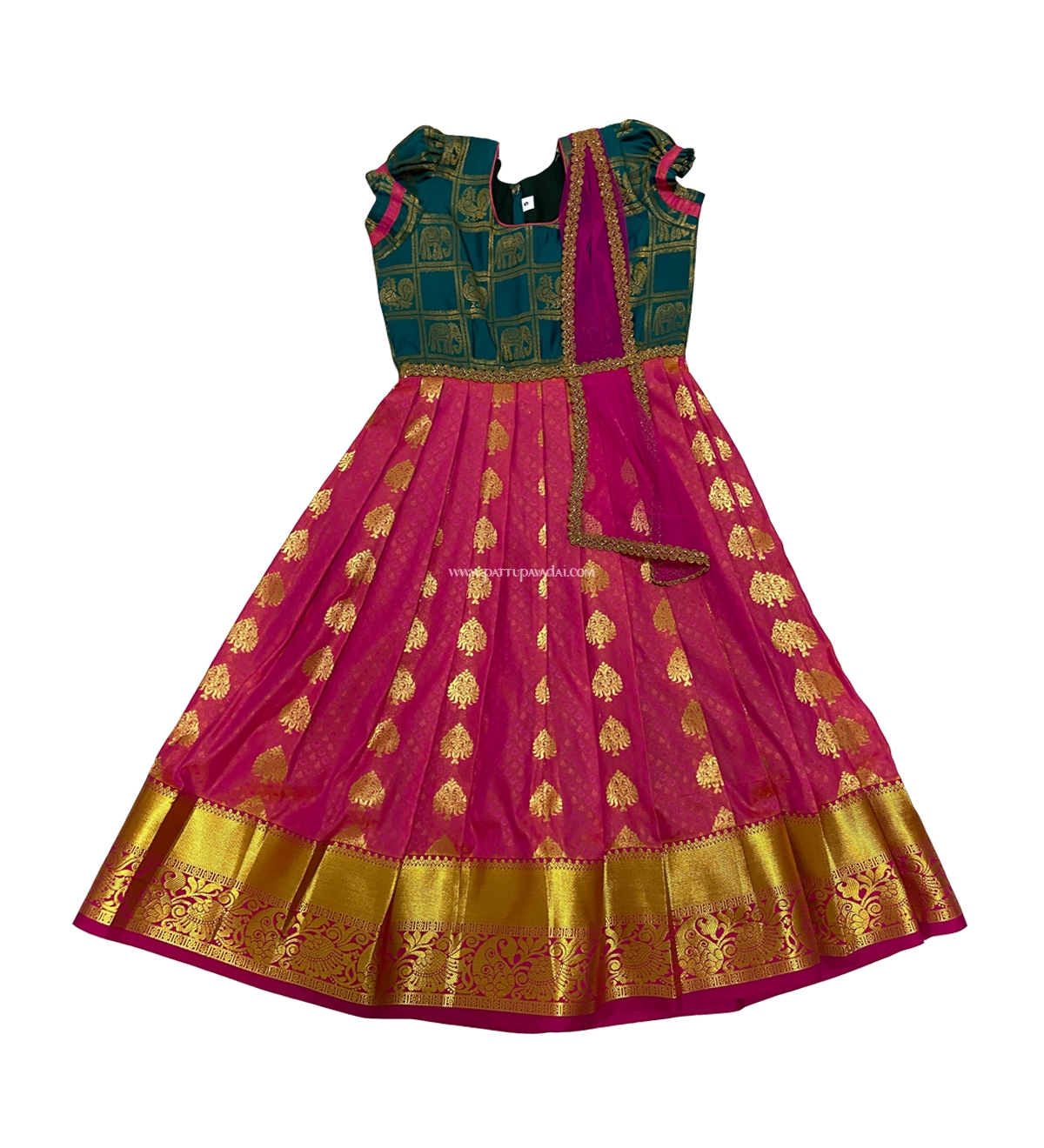 Kids Pattu Long Gown Pink and Green