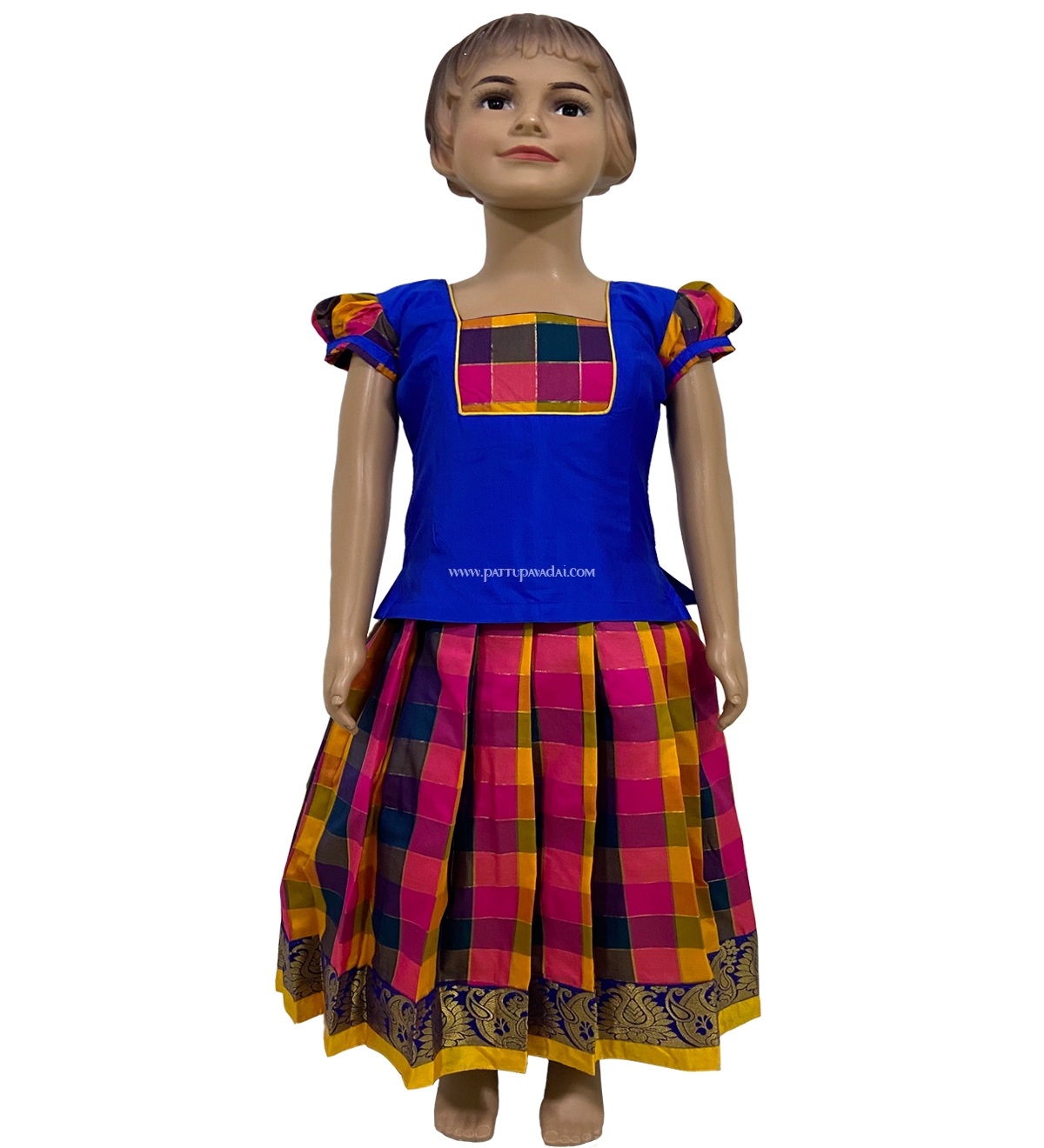 Girls Raw Silk Pavadai Blue Top and Checked Skirt