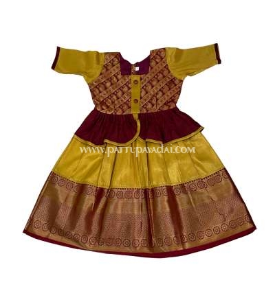 Kids Silk Long Gown Golden and Maroon