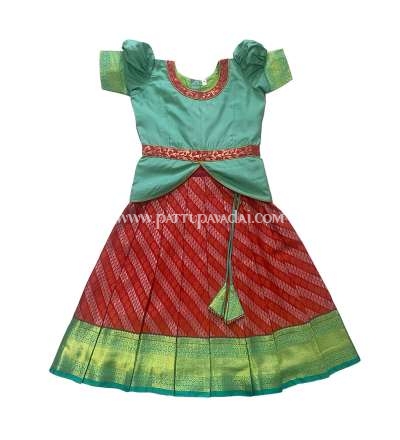 Pure Silk Designer Pavadai Red and Pista Green